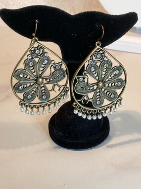 Vintage Bronzetone peacock earrings- tiny pearl dangles.
